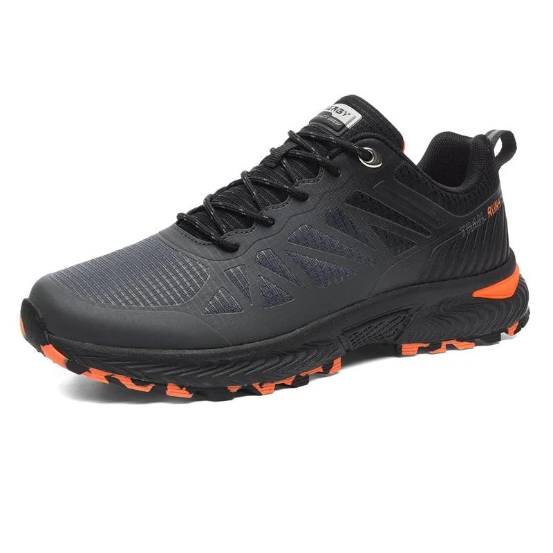 Men's plus size black and orange breathable mesh running shoes with lace-up front and rubber sole.