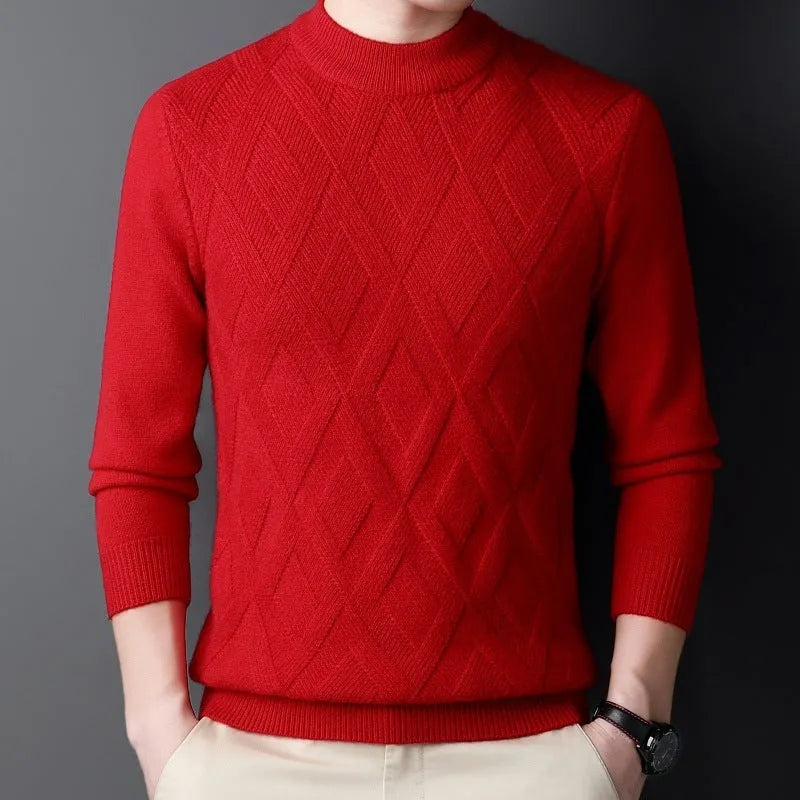 Men's thick diamond jacquard winter sweater in wool blend shown in light camel colour