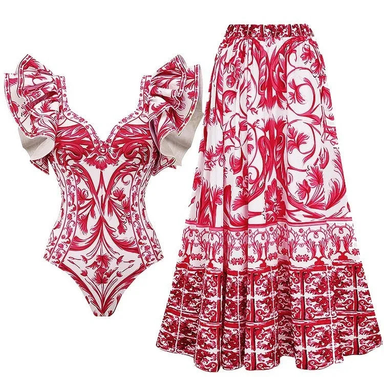 Women's printed one-piece swimsuit with a matching skirt cover-up in a rose pink floral pattern.