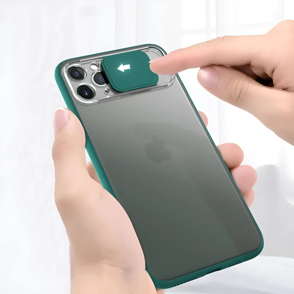 Lens sliding iPhone case in multiple colours showing the back cover with colour contrast design.