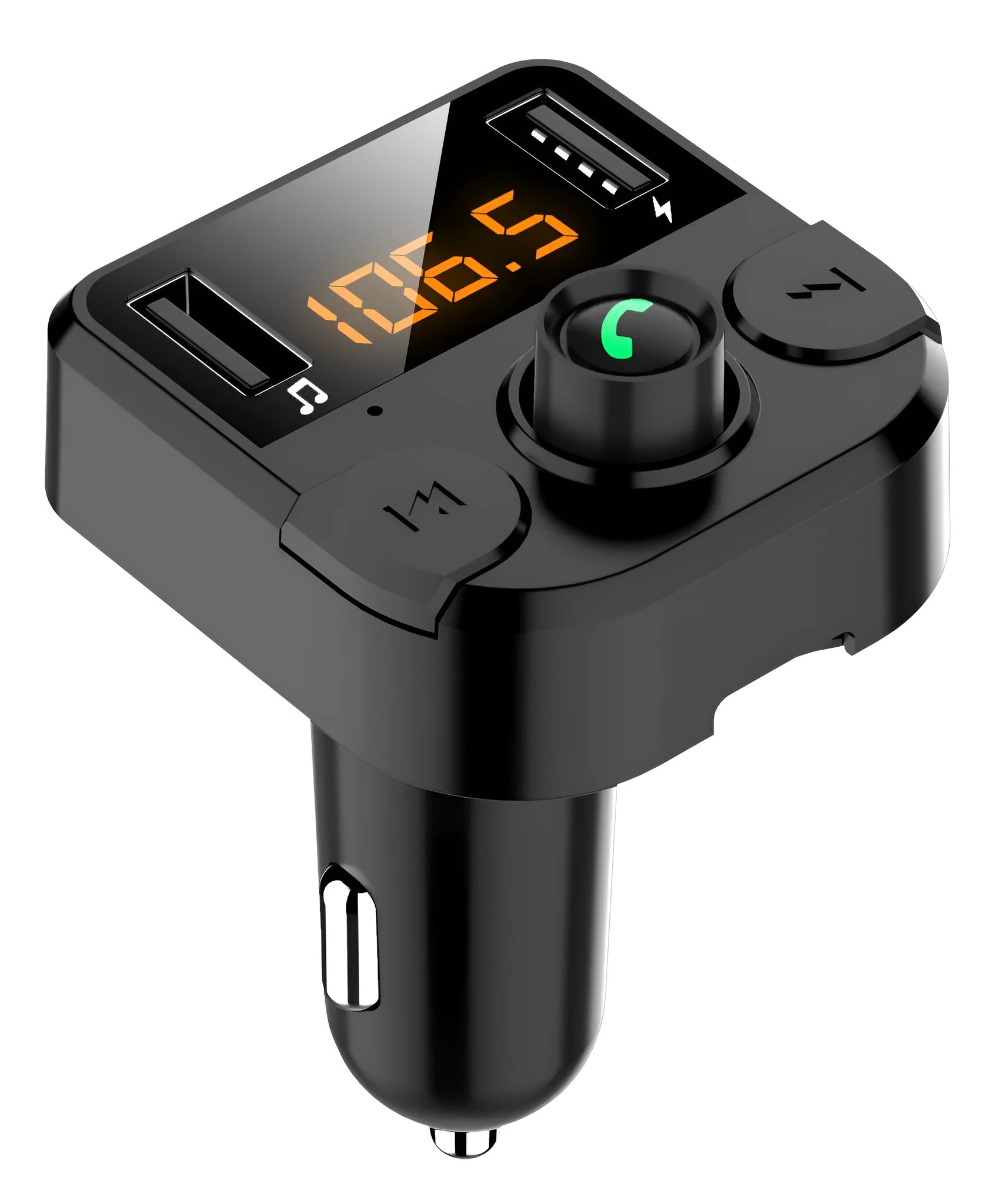 Black BT36B car MP3 Bluetooth player with 1.1-inch screen for cigarette lighter socket.