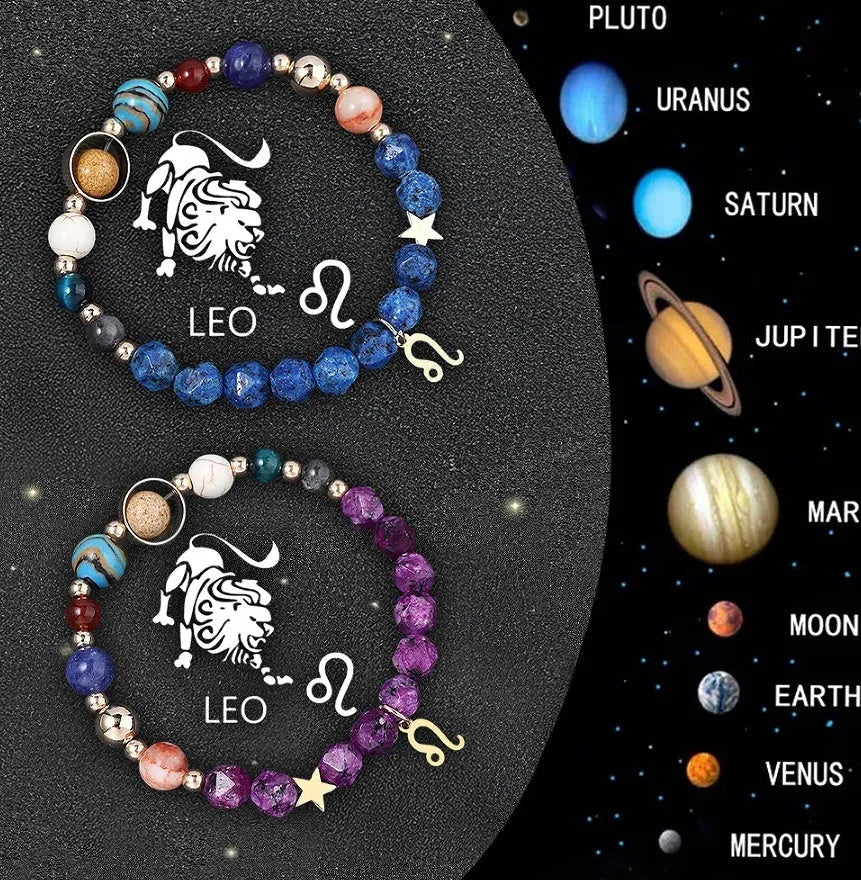 Natural stone bead zodiac bracelet set showing all twelve astrological signs