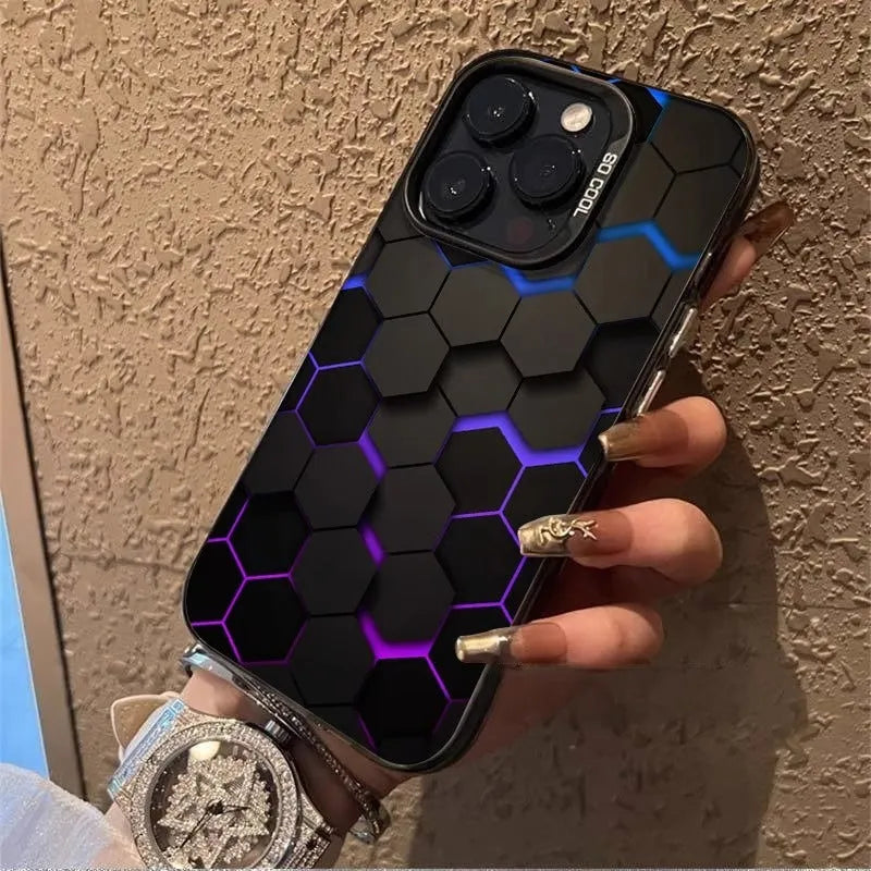 Frosted protective phone case for Apple iPhone with honeycomb square design in moonlight colours.