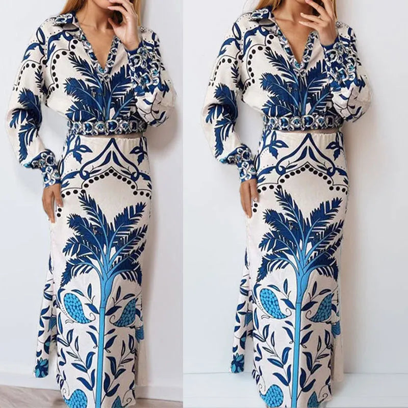 Women's casual polyester two-piece outfit set with long sleeves and matching skirt in picture colour