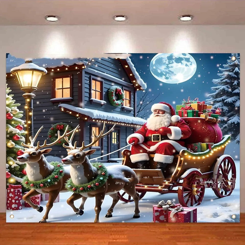 Large rectangular Christmas banner with Santa Claus night scene design, measuring 210cm by 150cm.