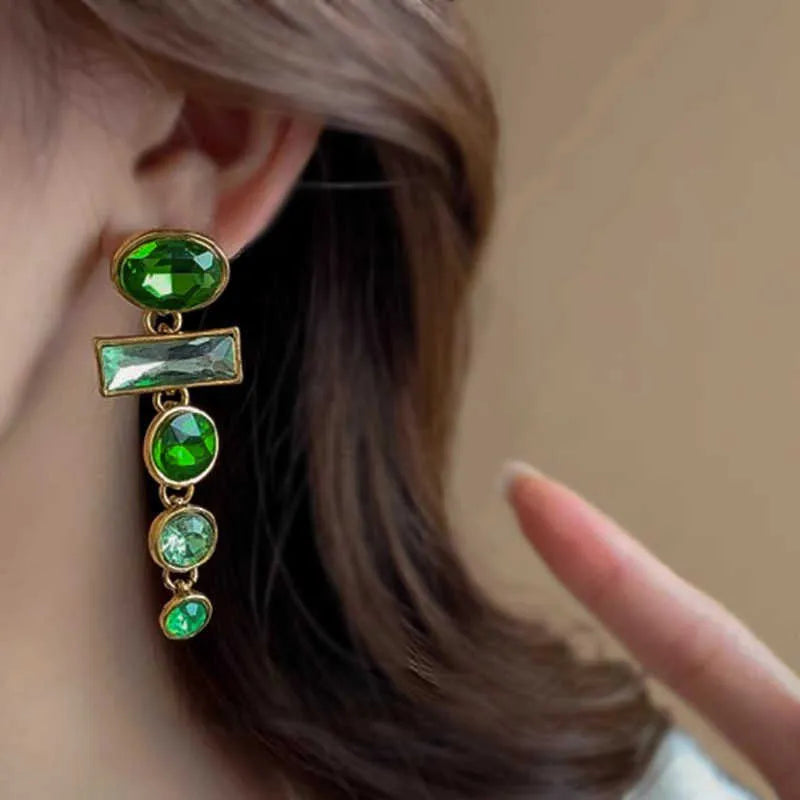 Geometric Chinese style earrings with retro green gradient colour and tassel design