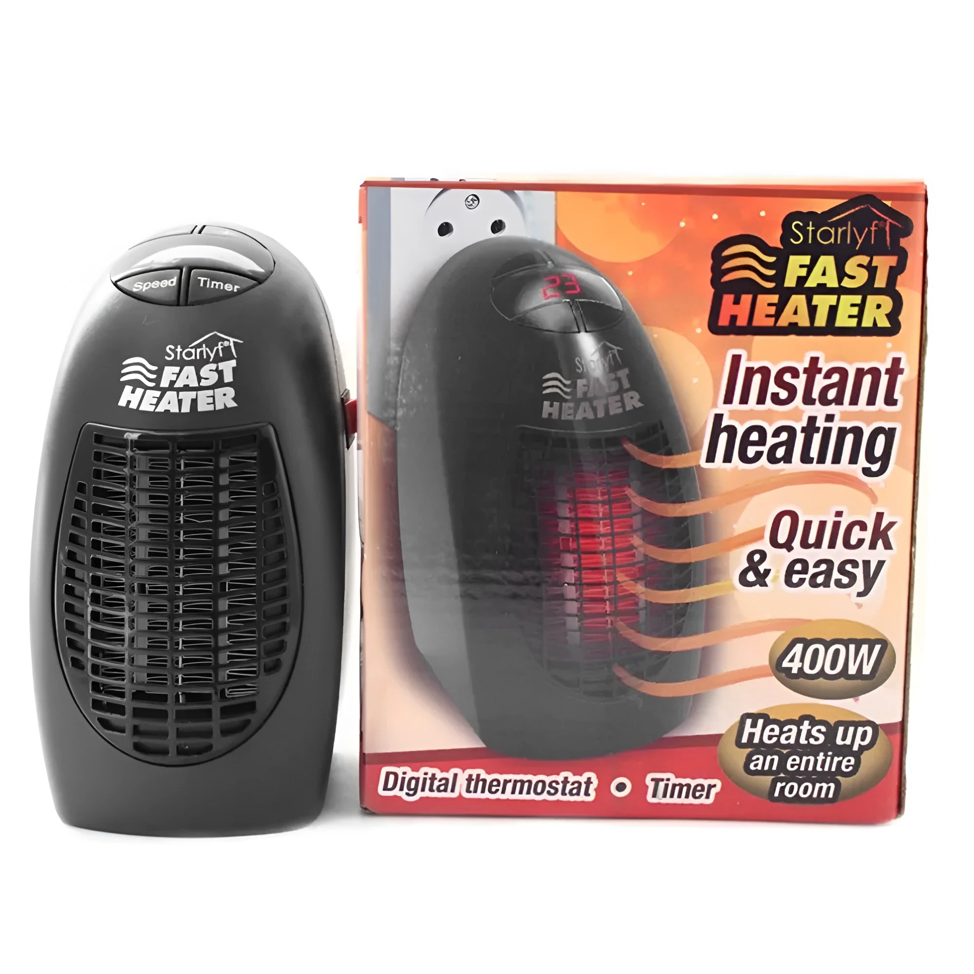 Black compact electric ceramic heater with digital display and rotating plug on desk