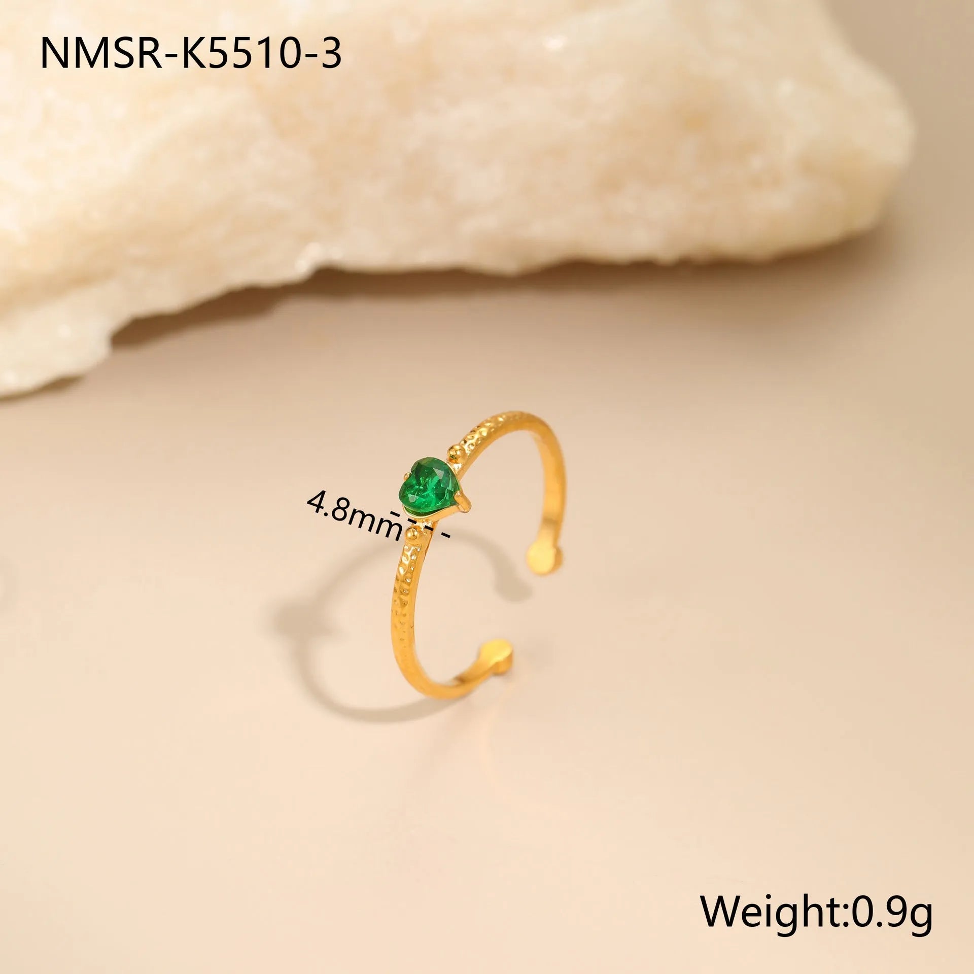Open ended stainless steel ring with heart-shaped zirconium inlay in white, pink or green
