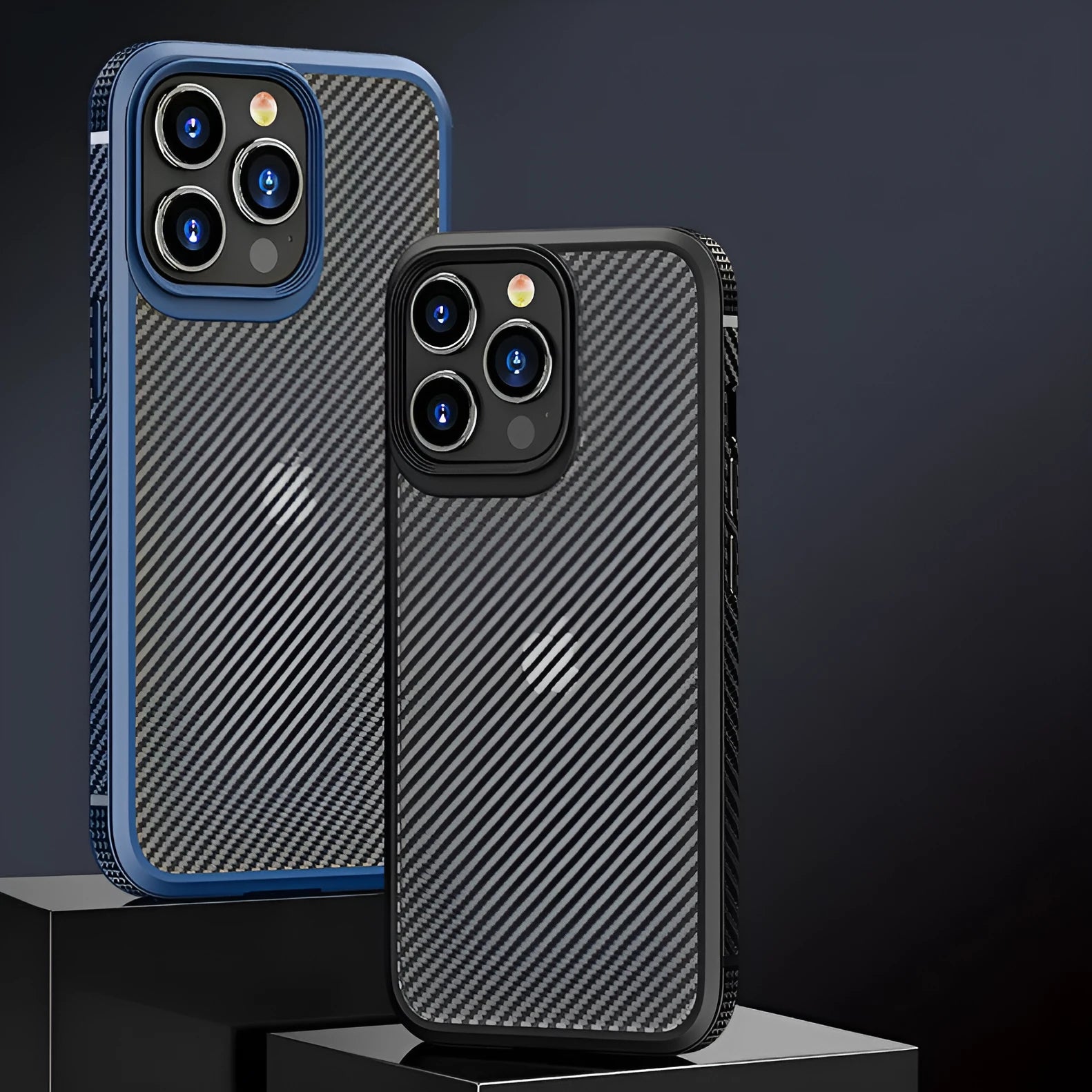Black carbon fibre pattern protective phone case for Apple iPhone 13 models on a table.