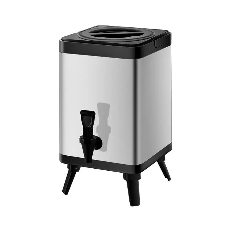 Silver stainless steel milk tea cold insulation barrel with square lock lid, 8 litre capacity
