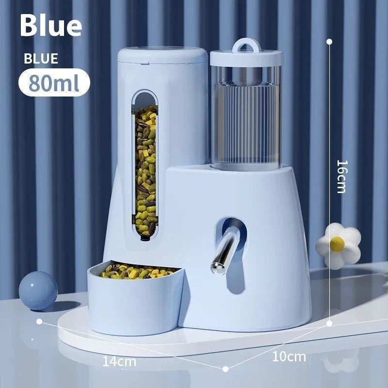 Blue hamster automatic water bottle and dual-compartment white food basin attached together.