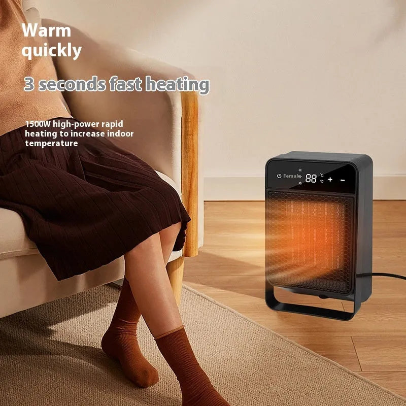 Desktop electric heater with digital touch screen display and remote control on a wooden desk.