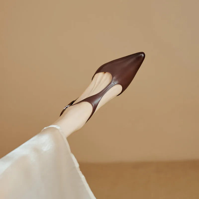 Brown women's high heels with pointed toe and cowhide leather upper