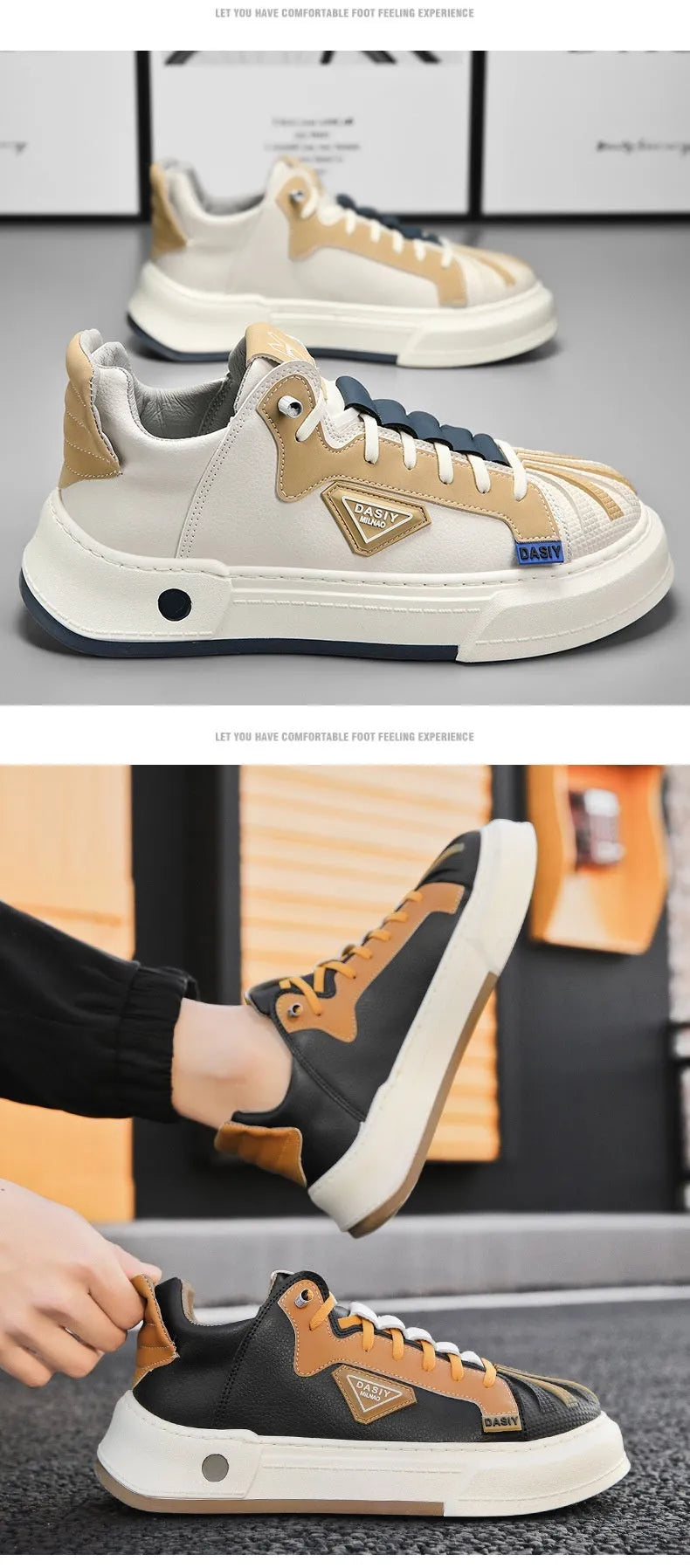 Men's beige low-top sneakers with elastic band closure and leather stitching detailing