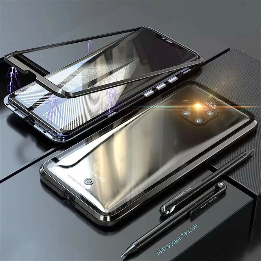 Black magnetic metal phone case with tempered glass back for Huawei P30 phone