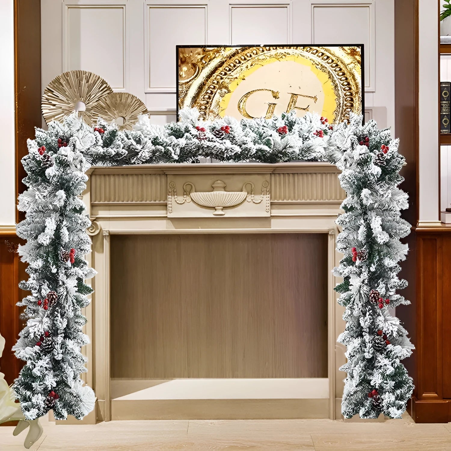 Artificial rattan Christmas garland with white flocking snow decoration draped across a mantelpiece