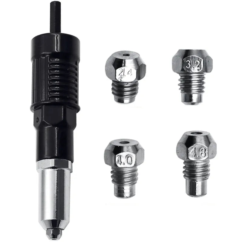 Black metal electric drill rivet gun attachment with alloy steel head, measuring 173mm long.