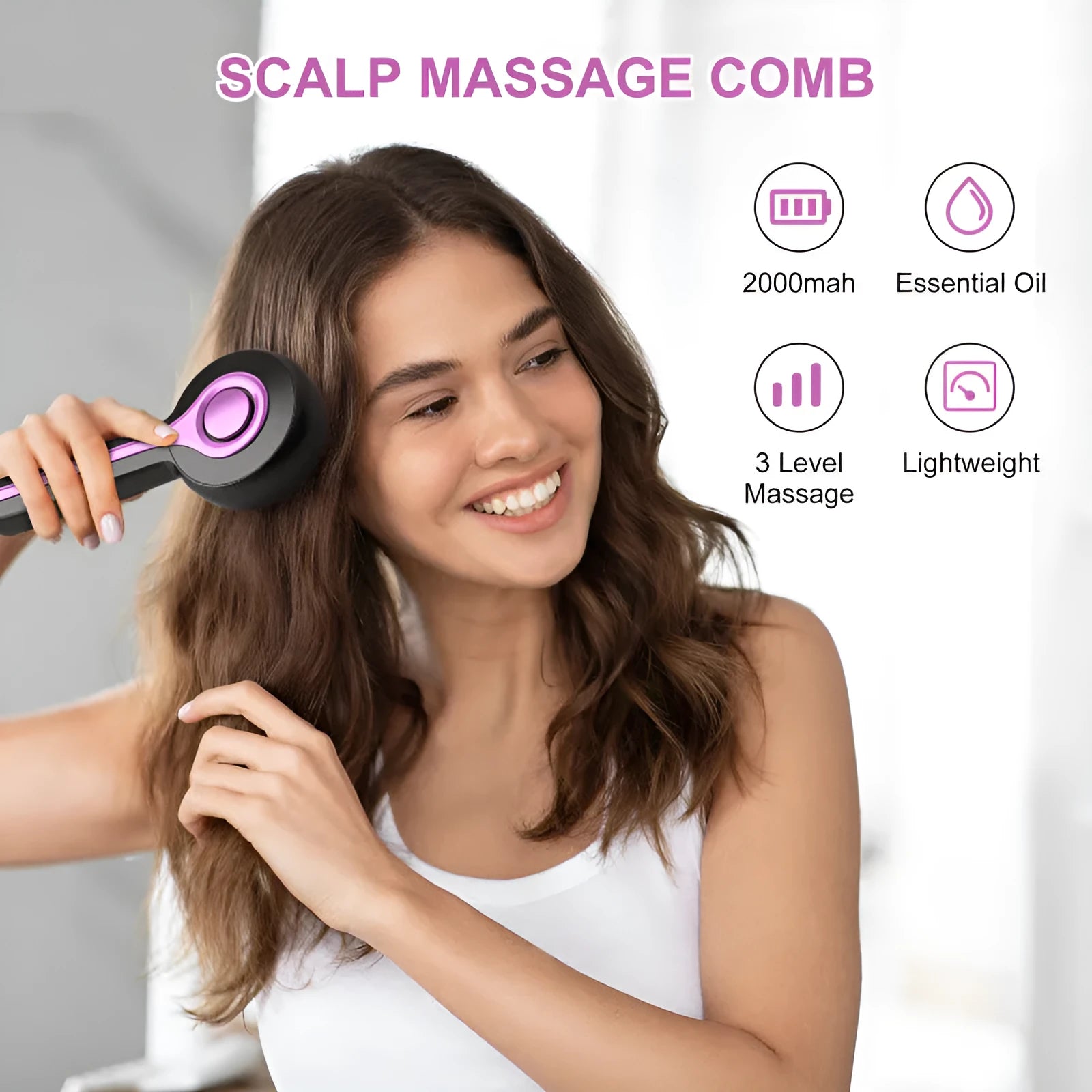 Grey head massage tingler with built-in hair brush, showing mechanical buttons and USB port.