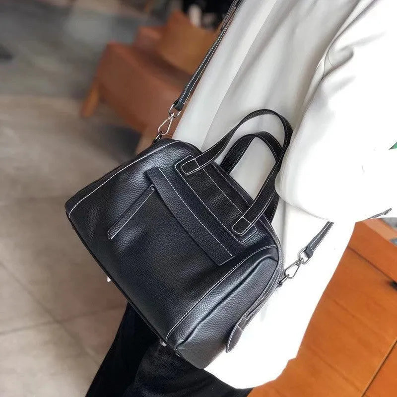 Genuine leather Boston lychee pattern shoulder messenger bag open showing internal compartments