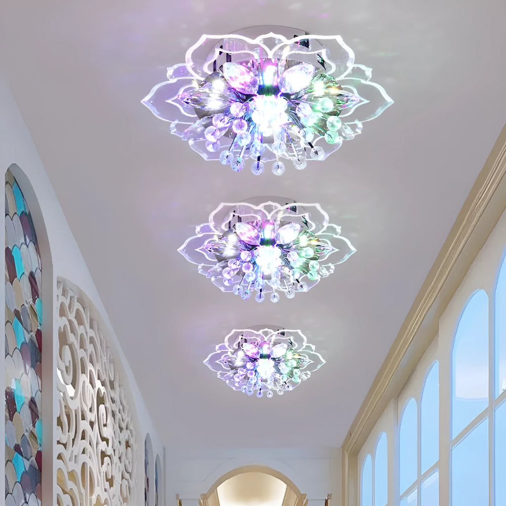 Modern minimalist crystal ceiling lamp with flower shaped shade in stainless steel and acrylic for living room