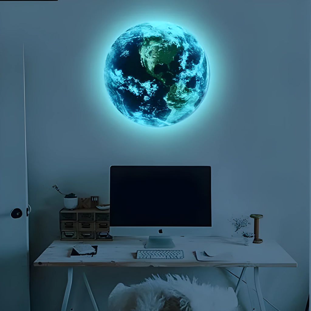 Glow in the dark 3D Earth planet wall sticker in 10cm, 20cm, and 30cm diameter sizes.