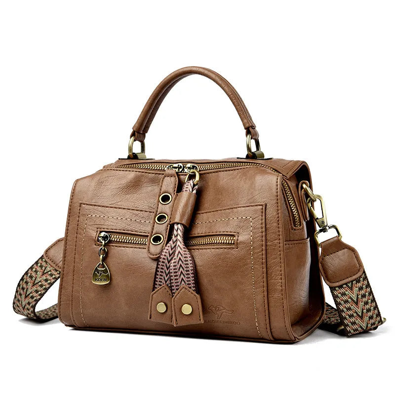 Women's grey PU leather one-shoulder crossbody bag with a square shape and outer pocket