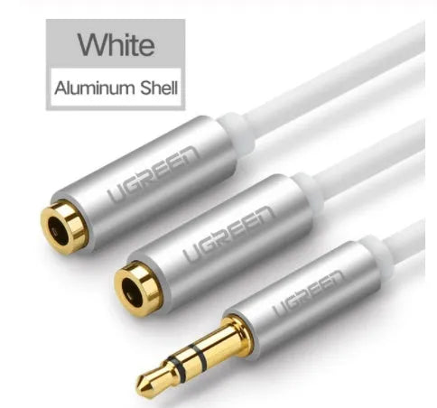 Short 0.2 metre black 3.5mm audio cable with gold-plated connectors next to grey and white colour options.