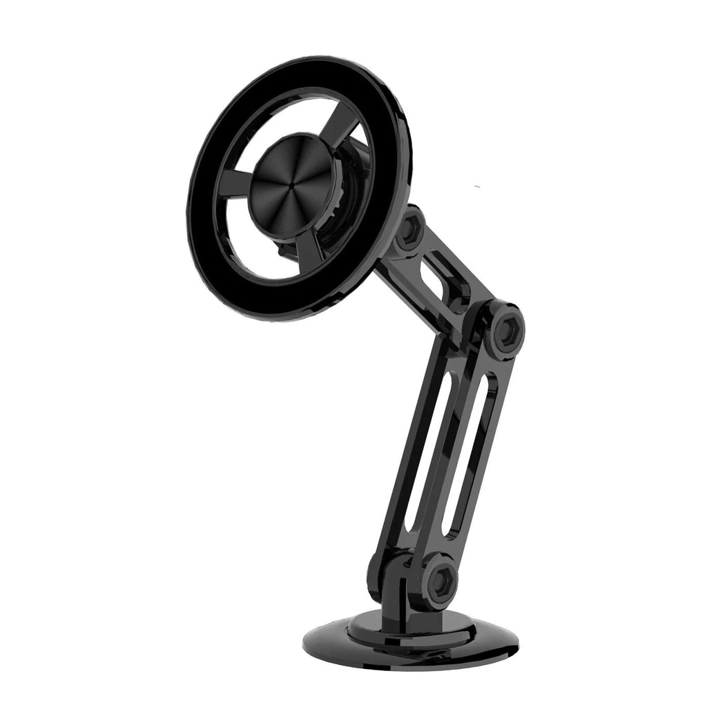 All-metal magnetic car phone holder in black, silver, gold, and rose gold with magnetic rings and adhesive pads.
