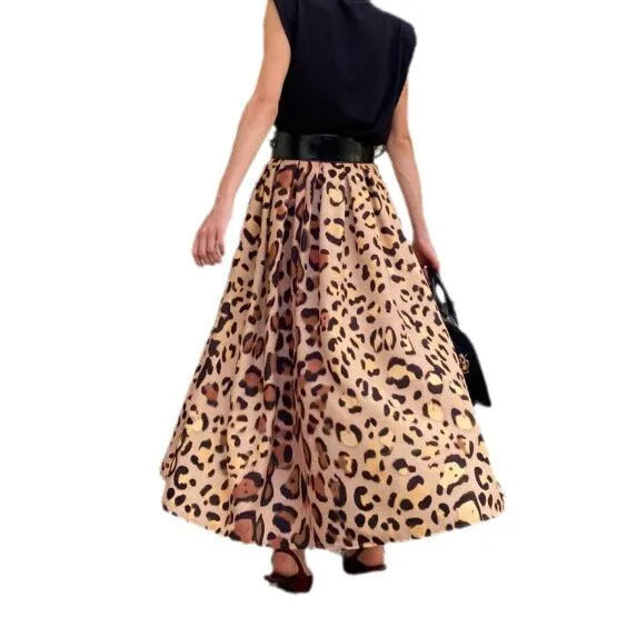 Brown leopard print women's long A-line skirt with a big hem.