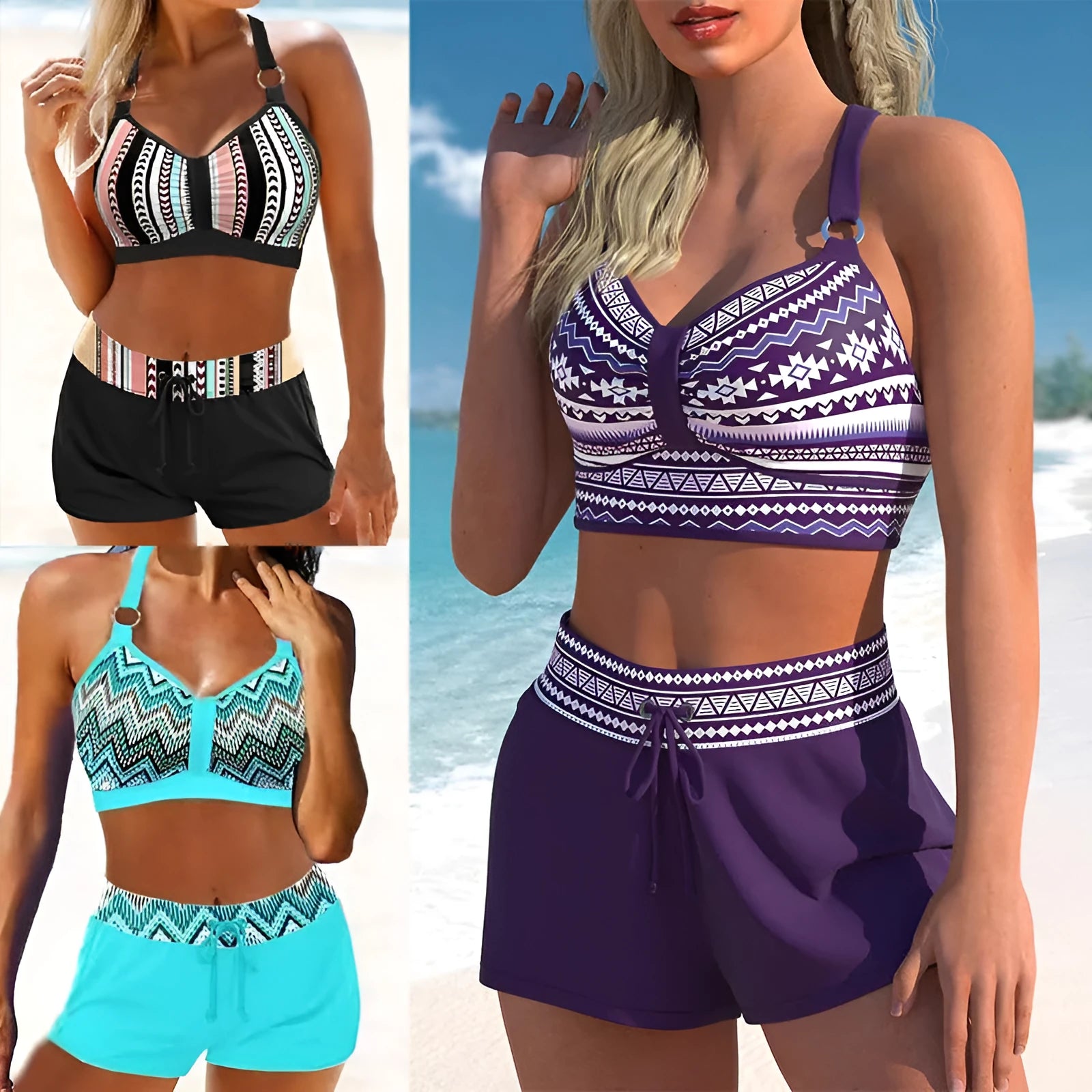 Women's two-piece polyester swimsuit bikini in printed designs available in S, M, L, XL sizes