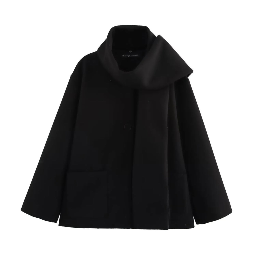 Women's long black overcoat with artificial fur collar, pockets and extended 100cm length