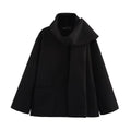 Women's long black overcoat with artificial fur collar, pockets and extended 100cm length