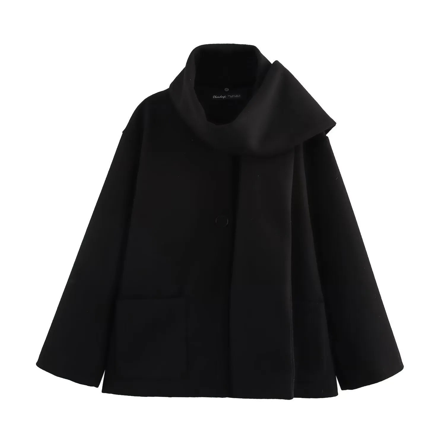 Women's long black overcoat with artificial fur collar, pockets and extended 100cm length