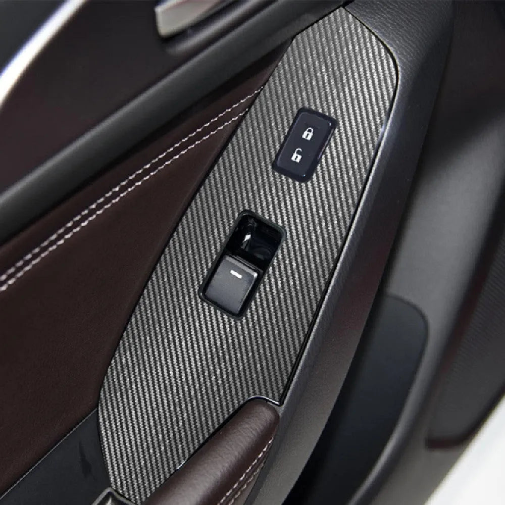 TPU protective film set for Ford Mustang door control panel switches in transparent, carbon fibre and matte black finishes