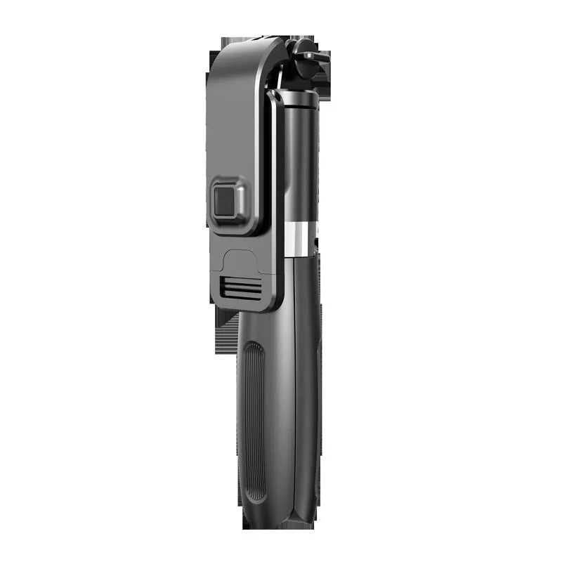 Black or white Bluetooth selfie stick tripod extended with phone attached and wireless remote.