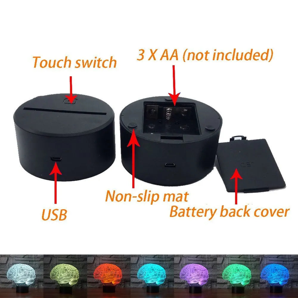3D brain illusion LED lamp with remote control showing colourful light projection