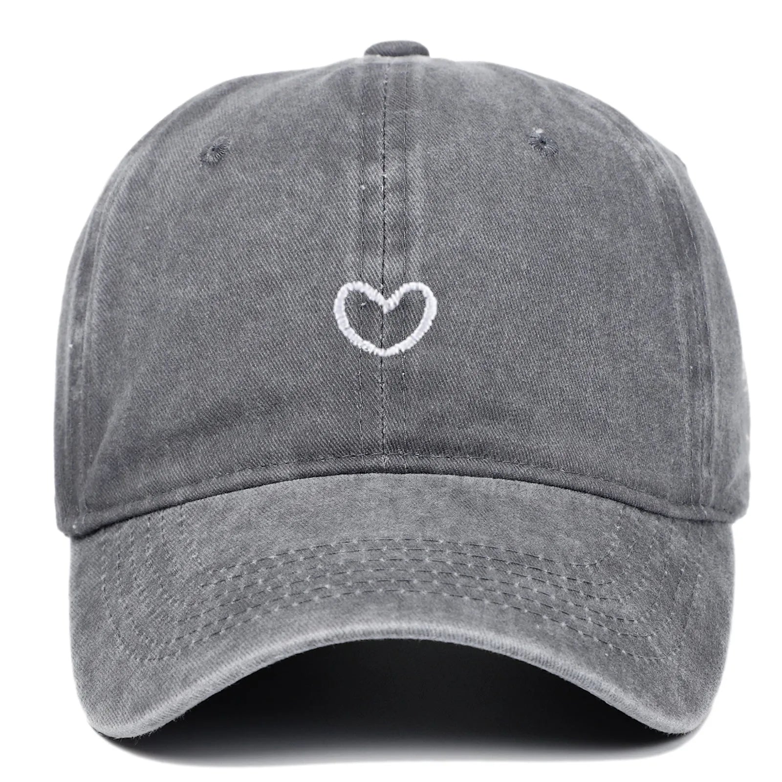 Soft cotton baseball cap with an embroidered red love heart on the front, shown in adjustable size.