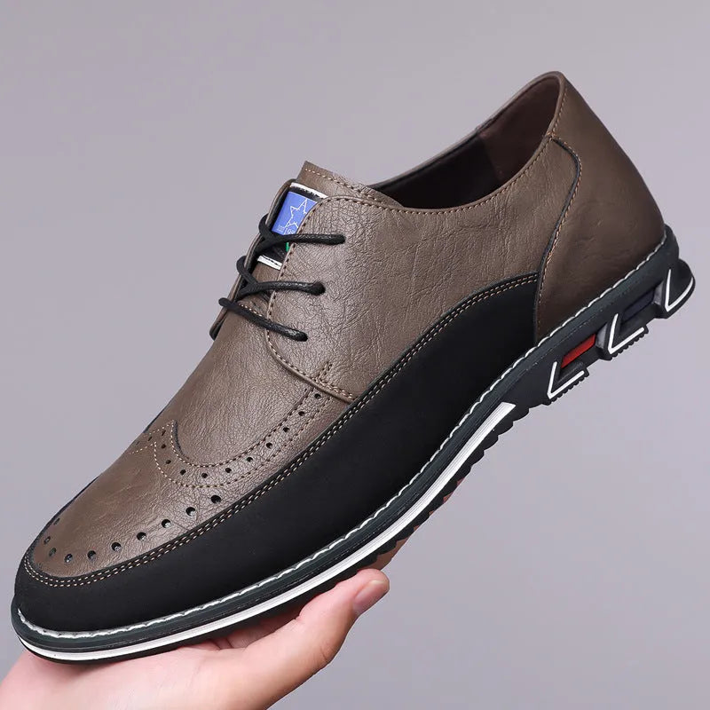 Men's leather slip-on shoes in black, grey, khaki and orange colours with rubber soles and low-top design