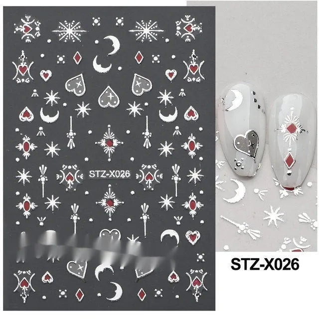 Sheet of black and silver stripe nail art stickers from a cartoon series for DIY manicures.