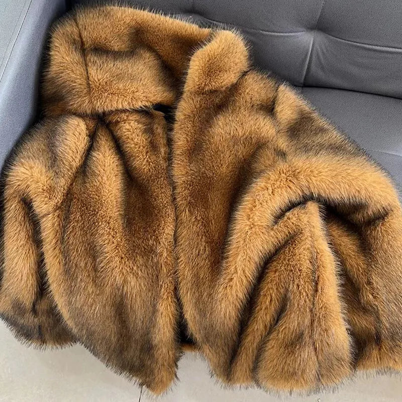 Women's silver grey artificial fur coat with loose fit and medium length design