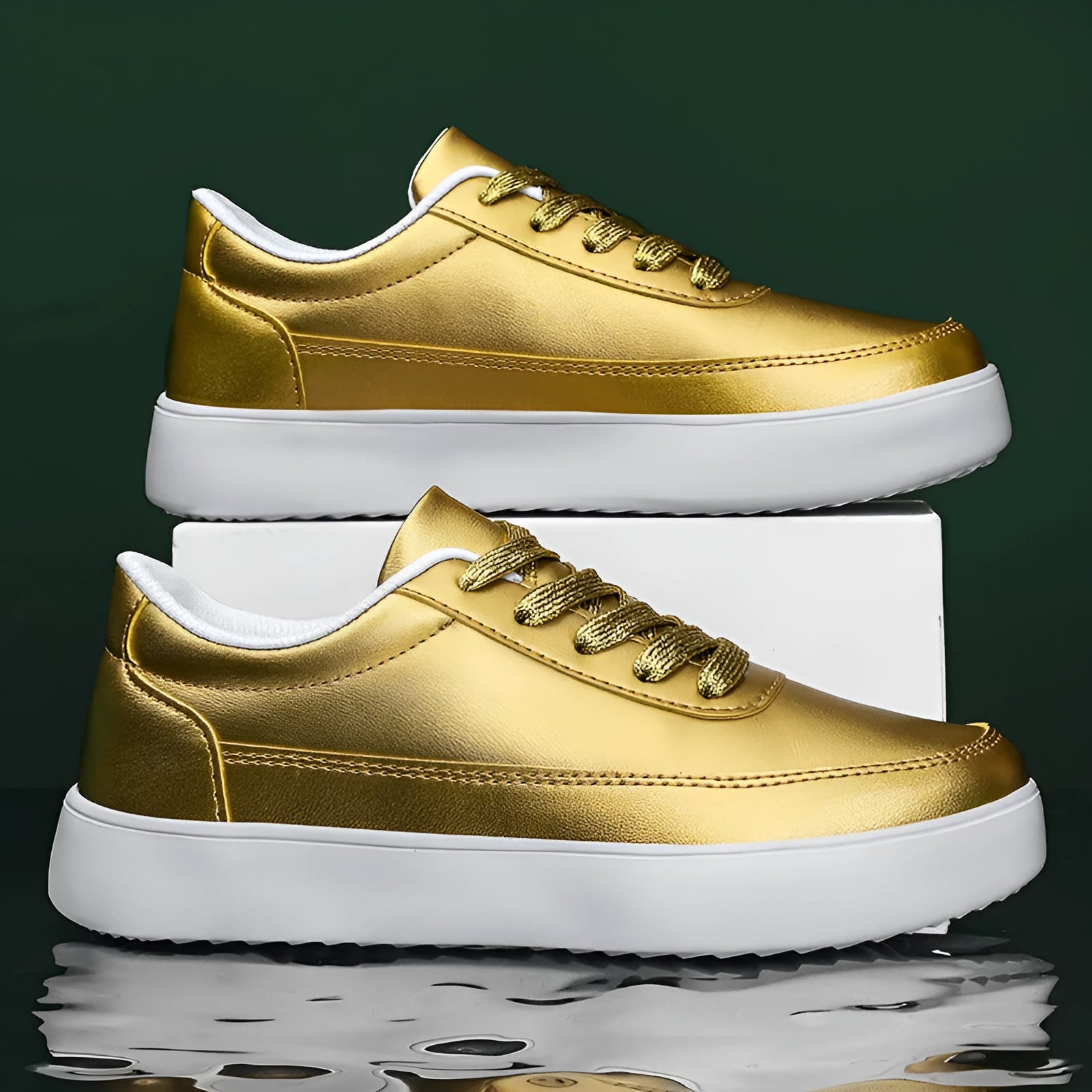 Women's white leather lace-up casual flat trainers on a plain background.