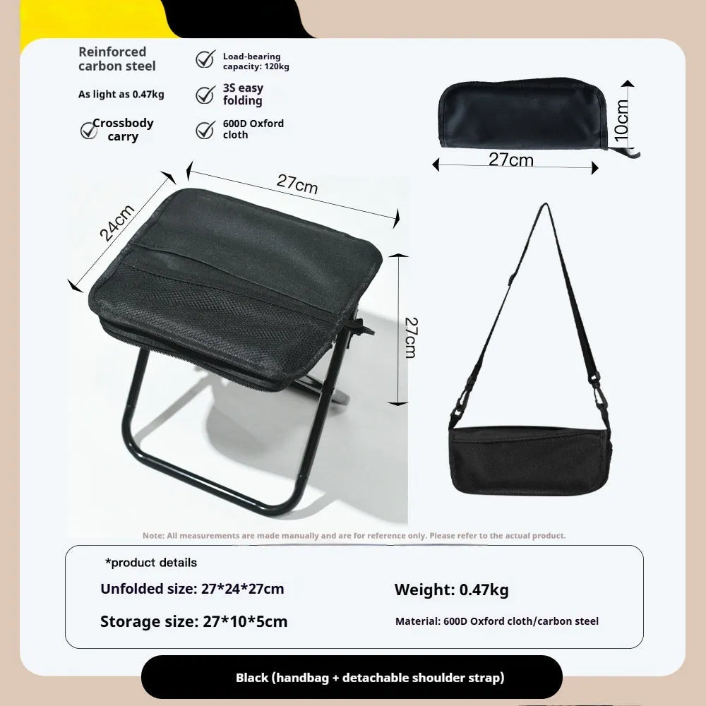Lightweight foldable camp stool in Oxford cloth, shown in a khaki colour, folded for carrying.