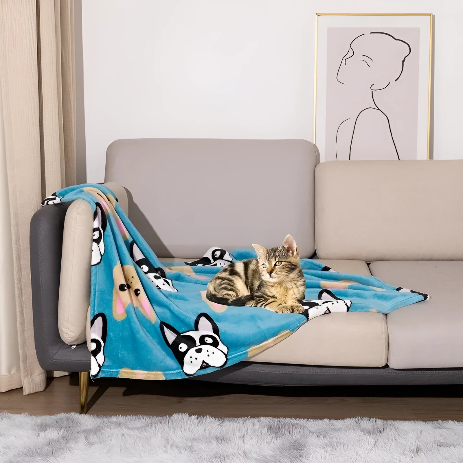 Cartoon anime dog blanket with double-sided flannel texture in blue dog or dog's paw designs