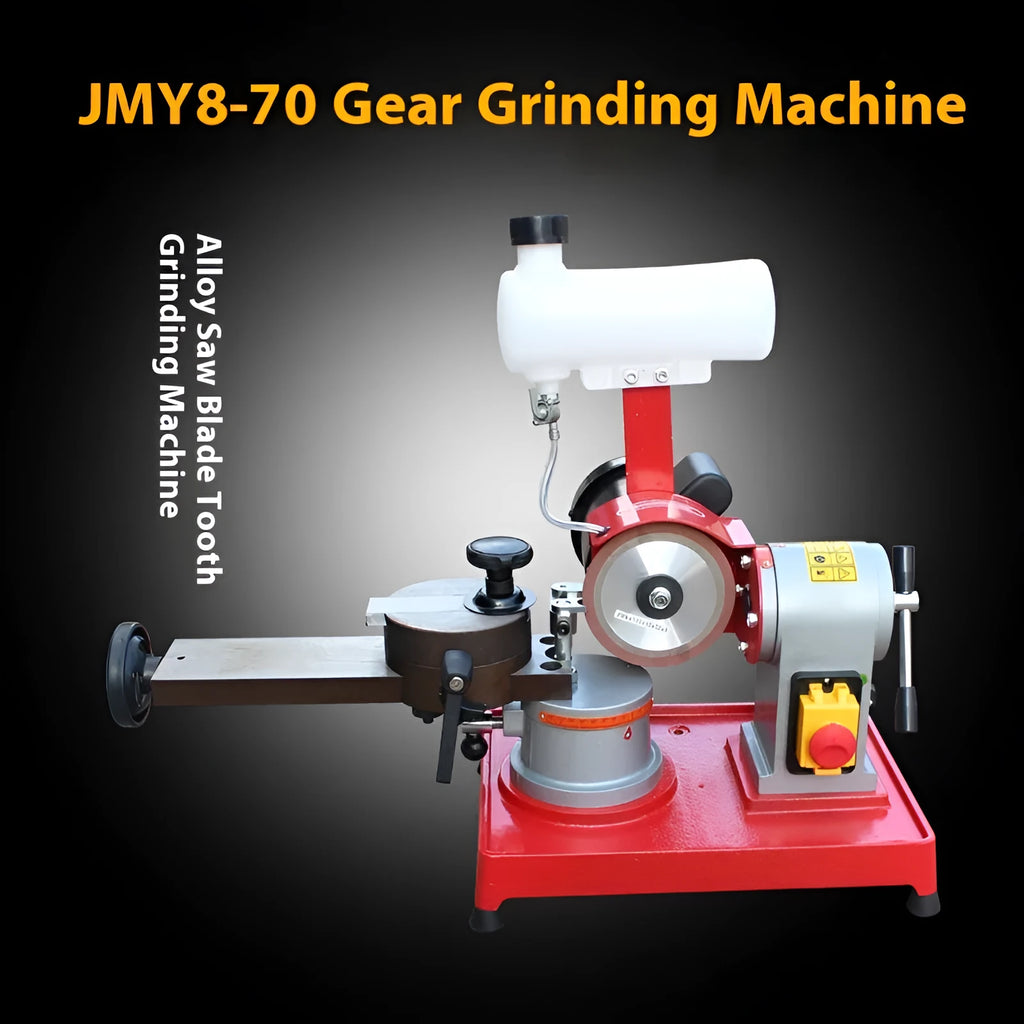 Manual gear grinding machine for sharpening alloy circular saw blades on a workshop bench.