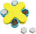 Yellow three-layer rotating dog puzzle feeder toy with non-slip base for slow feeding and IQ training.