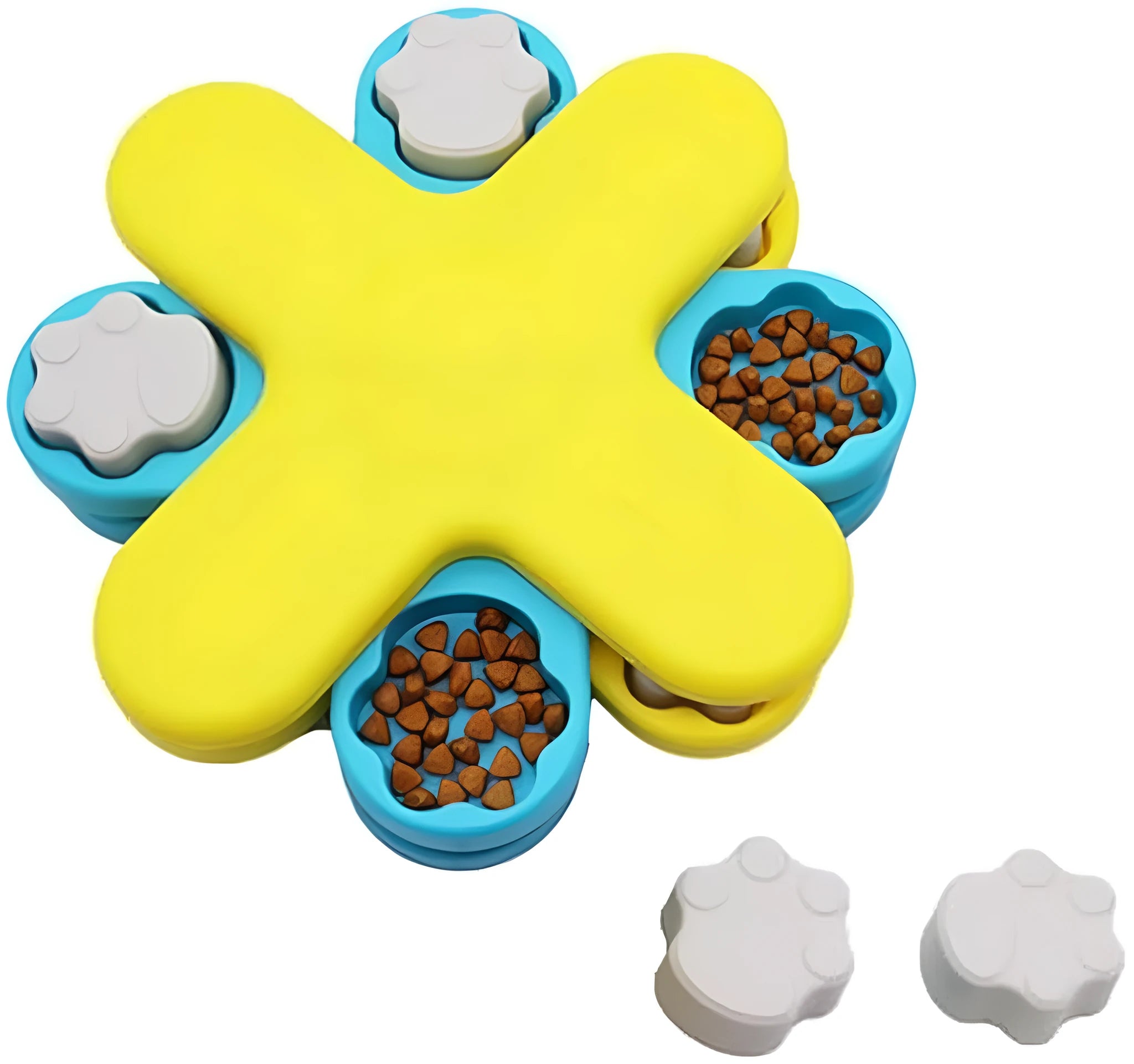 Yellow three-layer rotating dog puzzle feeder toy with non-slip base for slow feeding and IQ training.