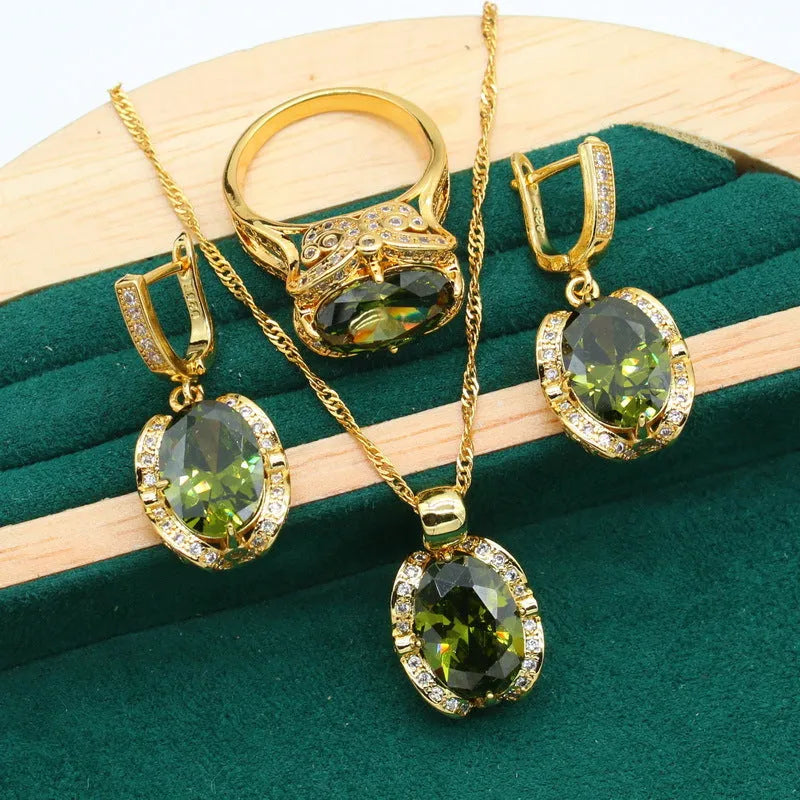 Full zircon women's jewellery suit with snake bones chain necklace, earrings, and ring in olive green or red electroplating