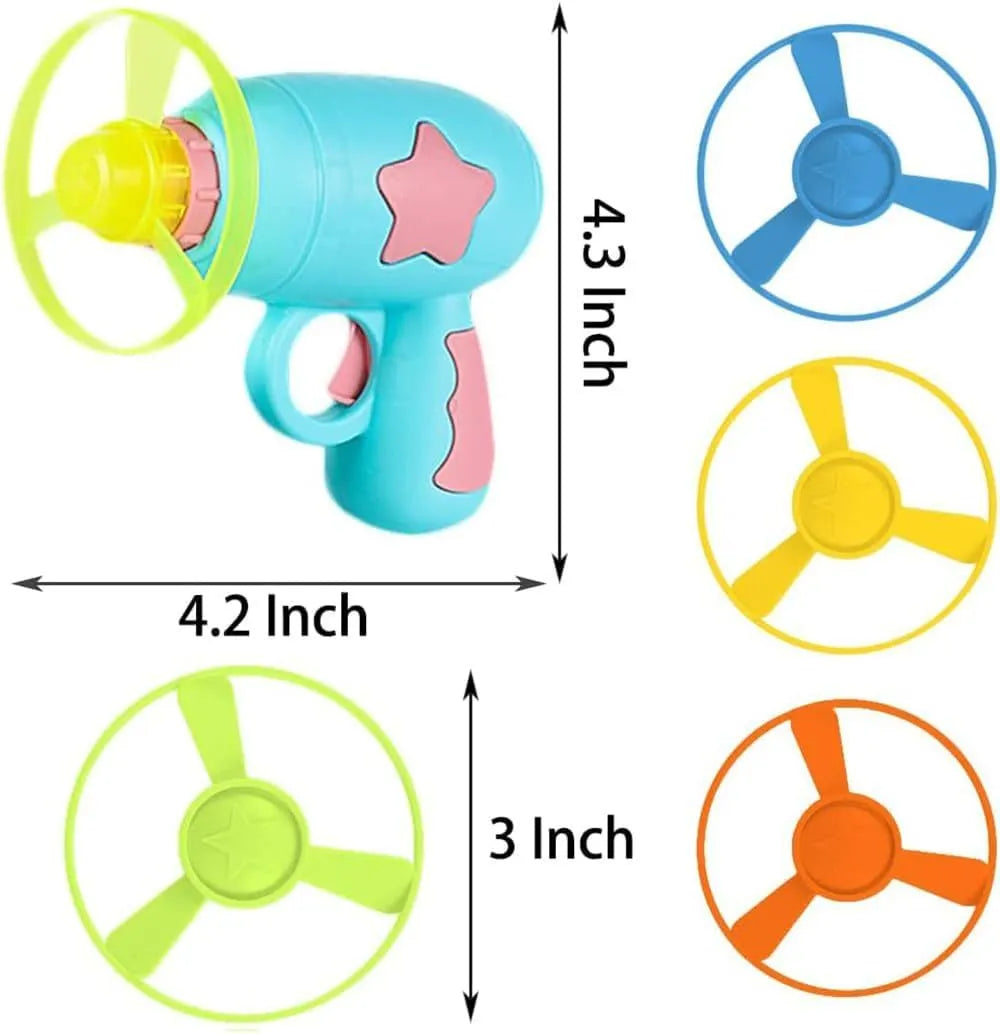 Blue and pink plastic cat toy gun with two frisbees for indoor play