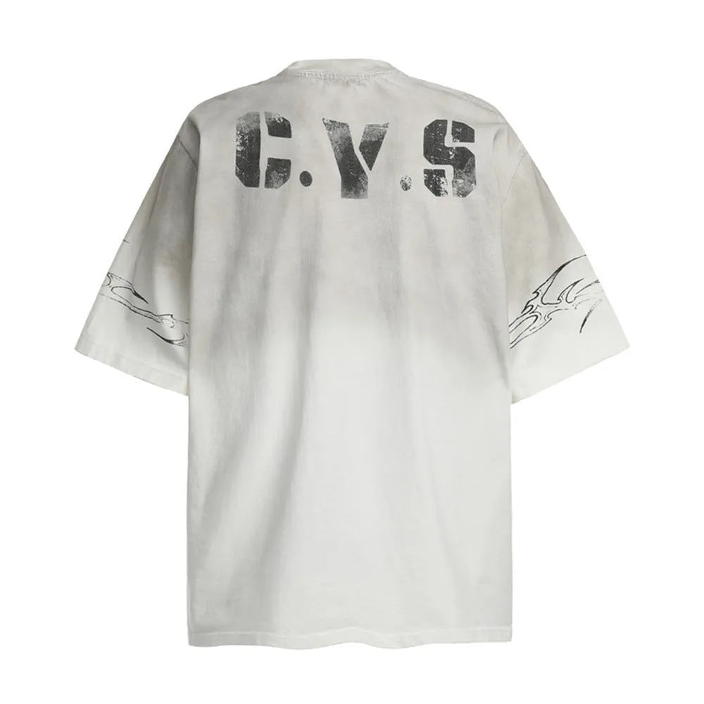 Men's black and white printed short-sleeved cotton T-shirt on a size chart.