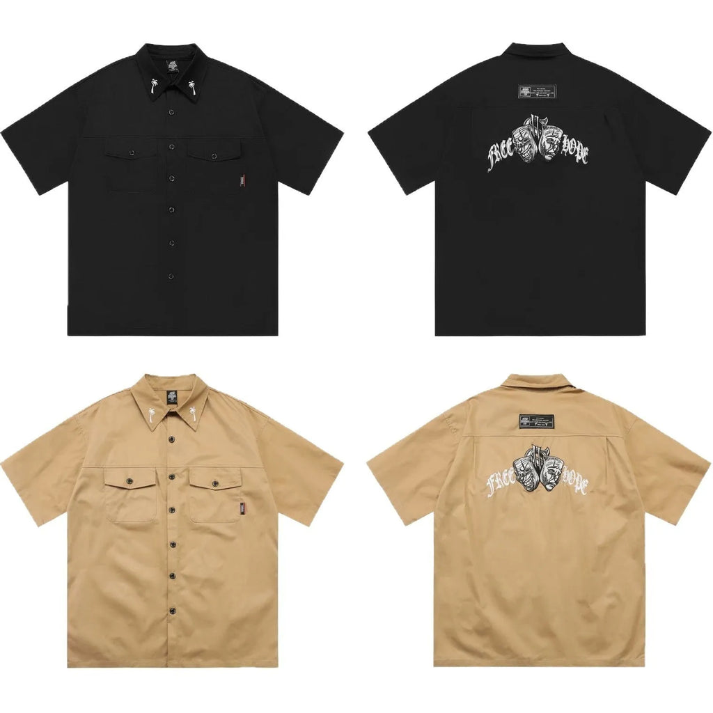 Men's loose black cotton blend half-sleeve shirt with a chest pocket
